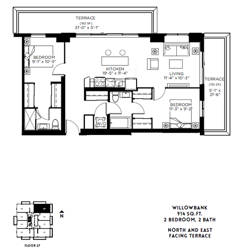 A floor plan of a Willowbank property with two bedrooms and two bathrooms.